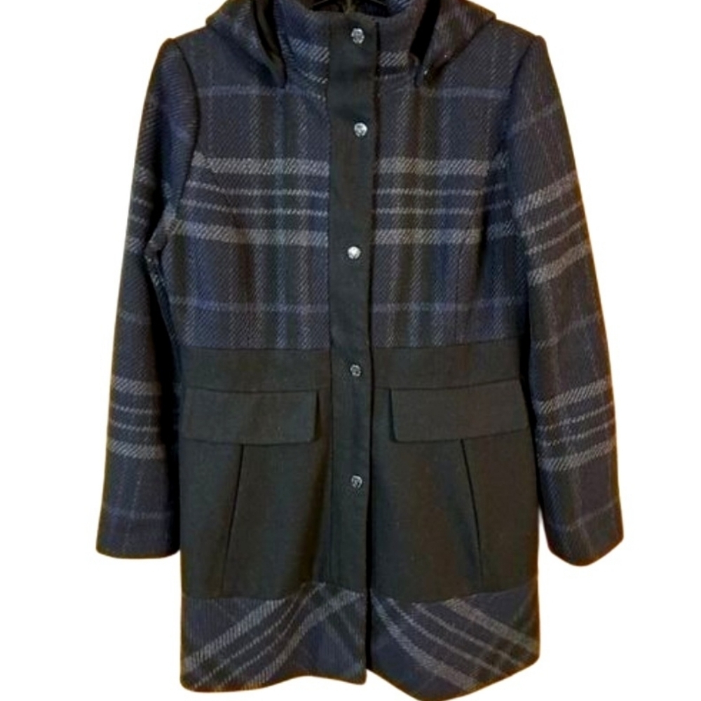 GUESS Plaid Wool Blend Hooded Winter Coat Jacket XL.